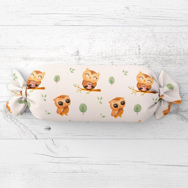 Biante Dětský polštář válec bonbon Sandra SA-616 Sovičky na větvích na bílém 15x40 cm