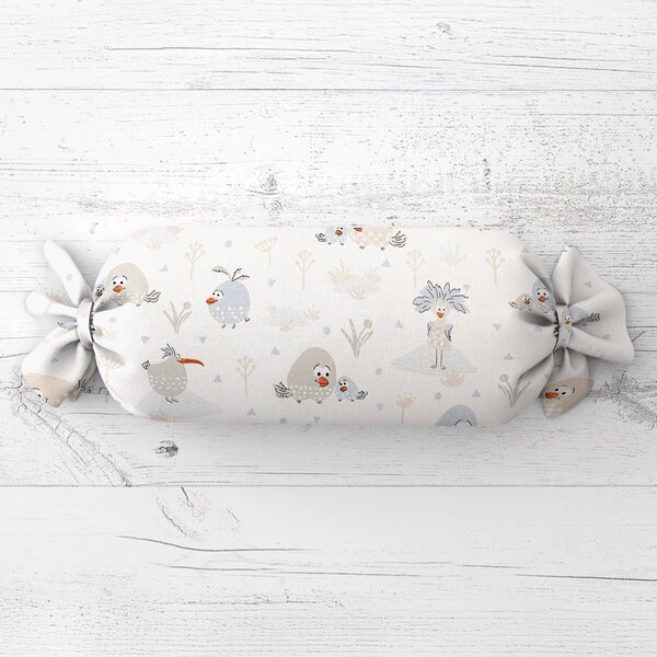 Biante Dětský polštář válec bonbon Sandra SA-614 Veselí ptáčci na bílém 15x40 cm