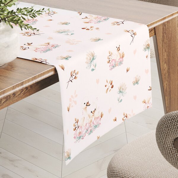 Biante Bavlněný běhoun na stůl Sandra SA-610 Labutě mezi lekníny na bílém 20x120 cm