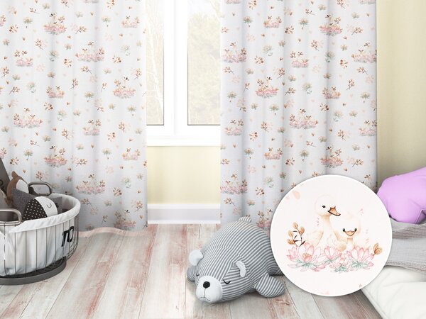Biante Bavlněný závěs Sandra SA-610 Labutě mezi lekníny na bílém 150x140 cm