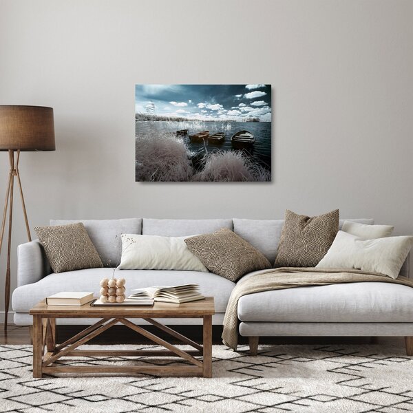 Skleněný obraz - Dřevěné loďky na jezeru (70x50 cm)