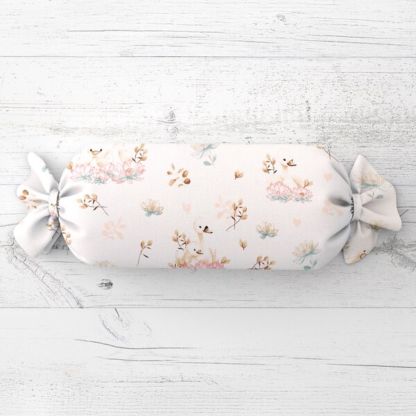 Biante Polštář válec bonbon Sandra SA-610 Labutě mezi lekníny na bílém 15x40 cm
