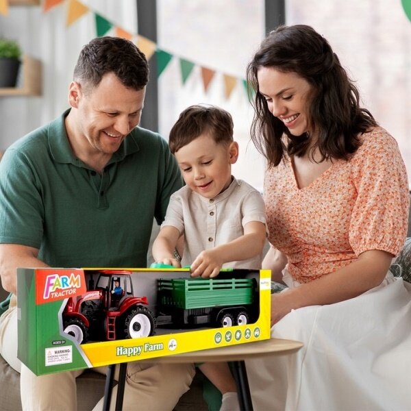 TRAKTOR FARMÁŘSKÝ 47cm S ODNÍMATELNÝM PŘÍVĚSEM + FIGURKA FARMÁŘE