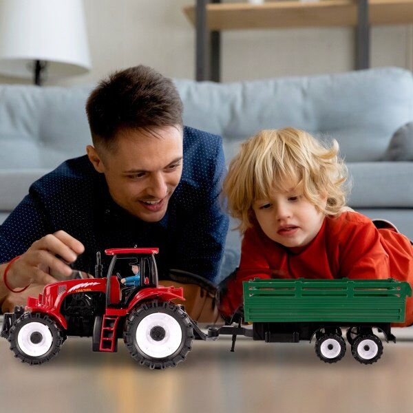 TRAKTOR FARMÁŘSKÝ 47cm S ODNÍMATELNÝM PŘÍVĚSEM + FIGURKA FARMÁŘE