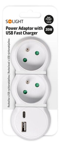 SOLIGHT Rozbočka s USB A+C rychlonabíječkou 20W PD, 2 x 10A, bílá