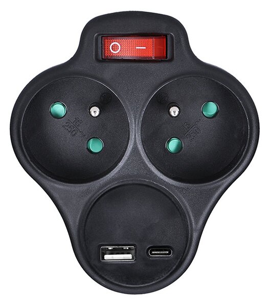SOLIGHT Rozbočka s USB A+C rychlonabíječkou 20W PD, 2 x 10A, černá, vypínač