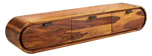 Retro masivní nástěnný TV stolek Spin oválného tvaru se třemi šuplíky ze sheeshamového dřeva v odstínech hnědé 160 cm
