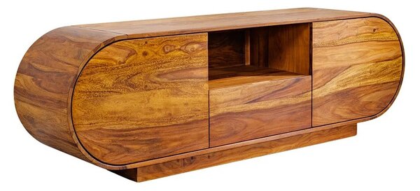 Retro masivní oválný TV stolek Spin s úložným prostorem ze sheeshamového dřeva v hnědé barvě s výraznou kresbou 160 cm