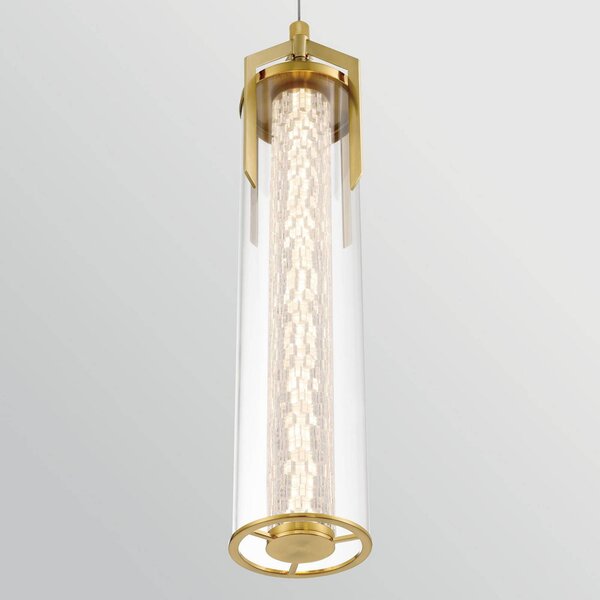 Quintiesse Závěsné světlo LED ESPADA, zlatá broušená, Ø 15 cm kov/sklo, stmívatelný, Mosaz / zlato, Obývací pokoj / jídelna, Hliník, Moderní