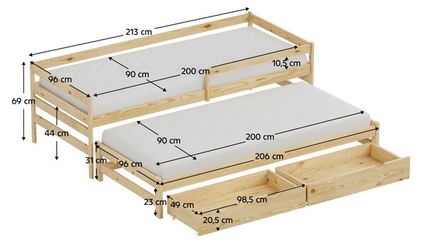 Dětská postel 90 x 200 cm s přistýlkou Esperabamos 1 (přírodní) (s rošty) (s úl. prostorem)