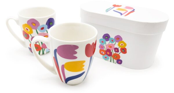 Sada 2 ks porcelánových hrnků PPD Super Bloom, červená, žlutá, květinový motiv, 350 ml