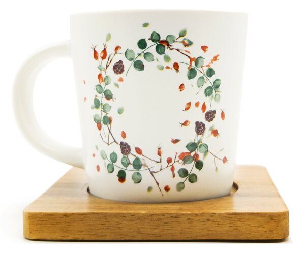 Porcelánový hrnek PPD Nordic Moods, bílý, akáciový podšálek, severský, šípky, 350 ml