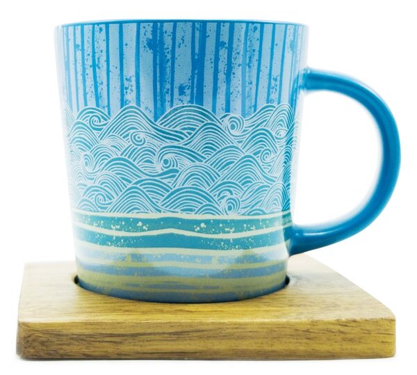 Porcelánový hrnek PPD Blue Wave, modrý, akáciový podšálek, motiv vln, 350 ml