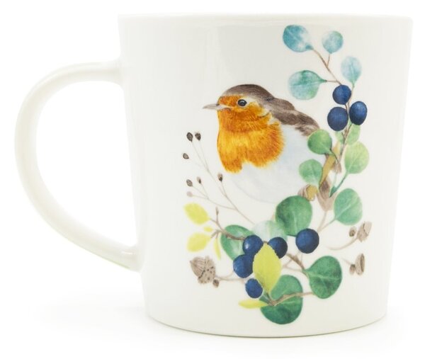 Porcelánový hrnek PPD Červenka, bílý, ptáček červenka, větvičky, bobule, 400 ml