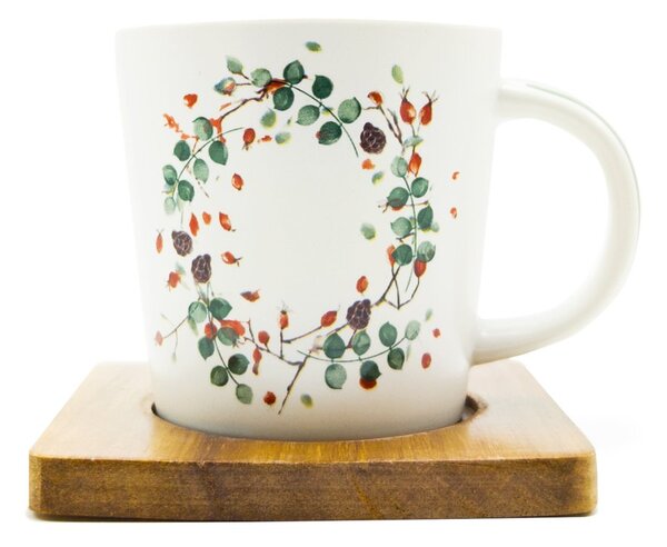 Porcelánový hrnek PPD Nordic Moods, bílý, akáciový podšálek, severský, šípky, 350 ml