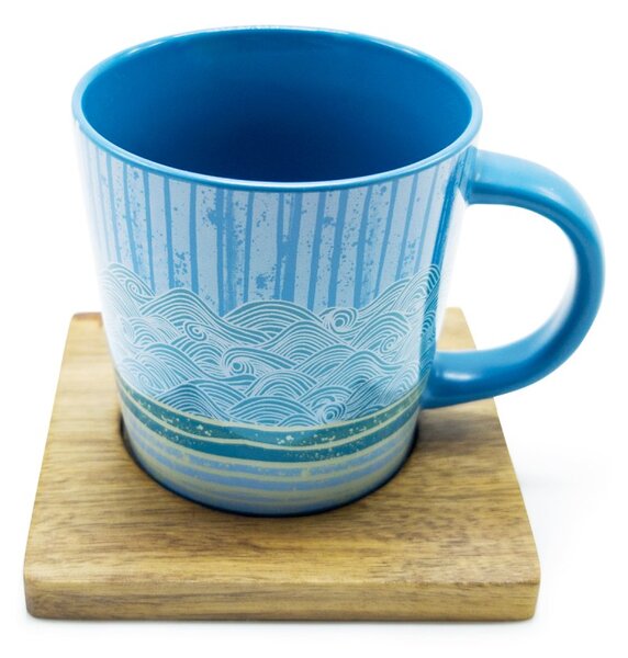 Porcelánový hrnek PPD Blue Wave, modrý, akáciový podšálek, motiv vln, 350 ml