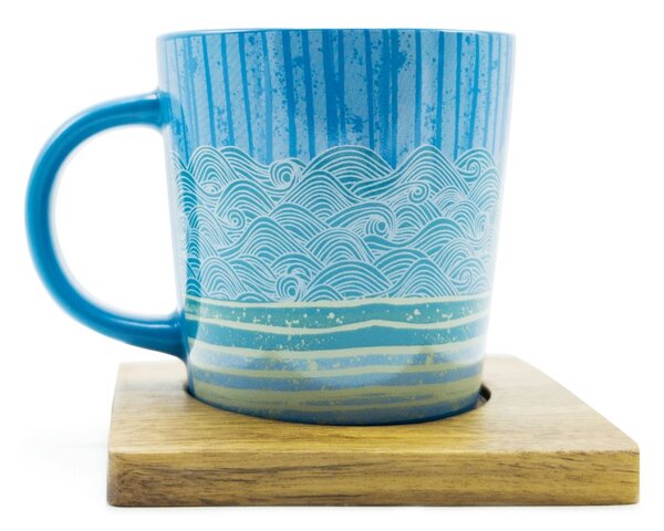 Porcelánový hrnek PPD Blue Wave, modrý, akáciový podšálek, motiv vln, 350 ml