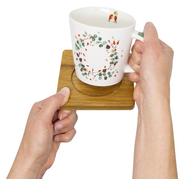 Porcelánový hrnek PPD Nordic Moods, bílý, akáciový podšálek, severský, šípky, 350 ml