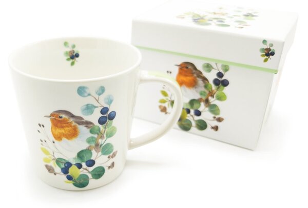 Porcelánový hrnek PPD Červenka, bílý, ptáček červenka, větvičky, bobule, 400 ml