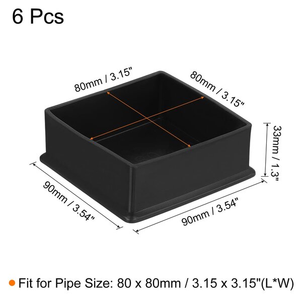 4 čtvercové krytky na nohy židle, vyrobené z PVC, rozměry 80 mm x 80 mm, barva černá