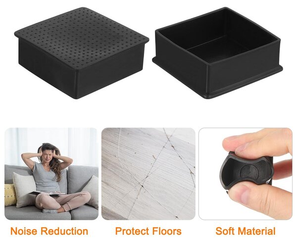 4 čtvercové krytky na nohy židle, vyrobené z PVC, rozměry 80 mm x 80 mm, barva černá