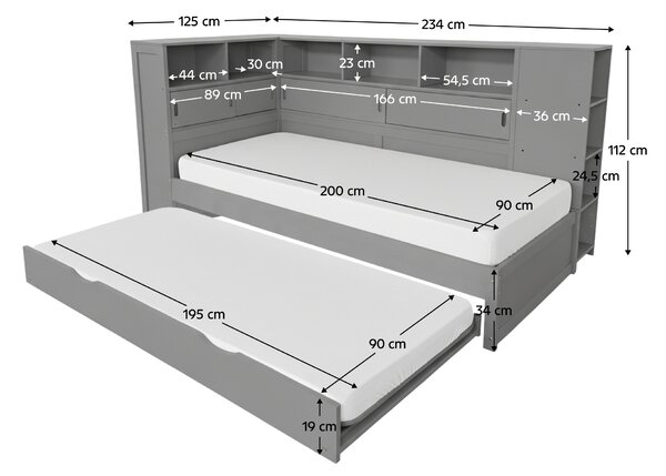 Jednolůžková postel 90 cm s přistýlkou Liberarlo 1 (šedá) (s rošty) (s úl. prostorem)