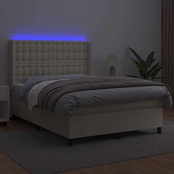 Box spring postel s matrací a LED krémová 140x190 cm umělá kůže 3139381
