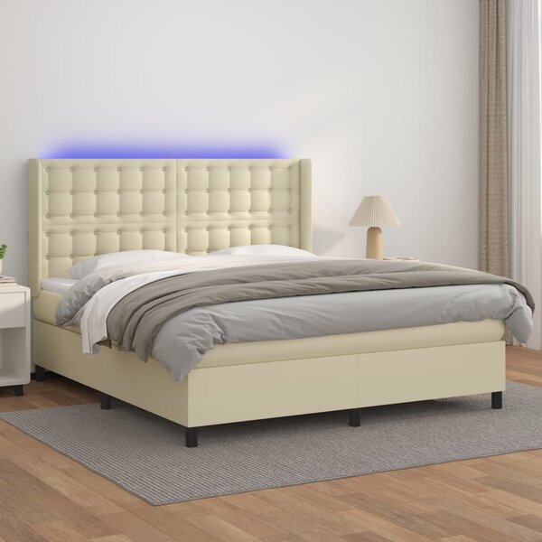 Box spring postel s matrací a LED krémová 160x200 cm umělá kůže 3139393