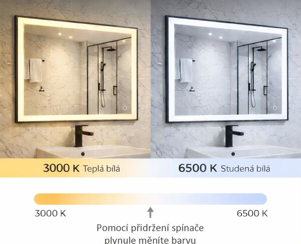 Zrcadlo NOIR SPIRAL 80x60 cm, černý matný rám, nastavitelné LED osvětlení, funkce proti zamlžování
