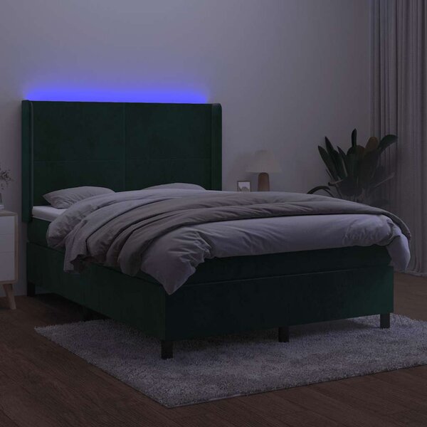 Box spring postel s matrací a LED tmavě zelená 140x190 cm samet 3139442