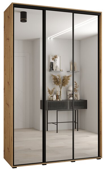 Šatní skříň DAVOS 2 posuvné zrcadlové dvěře, 150×235×45, DUB Artisan / černé pojezdy