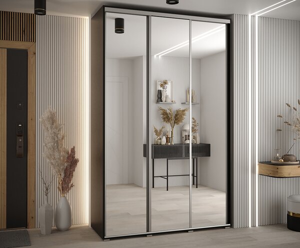 Šatní skříň DAVOS 2 posuvné zrcadlové dvěře, 150×235×45, Černá / stříbrné pojezdy