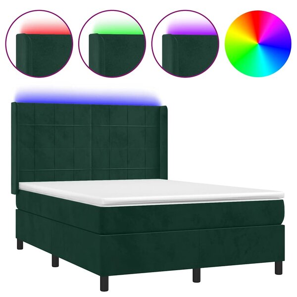Box spring postel s matrací a LED tmavě zelená 140x190 cm samet 3139562