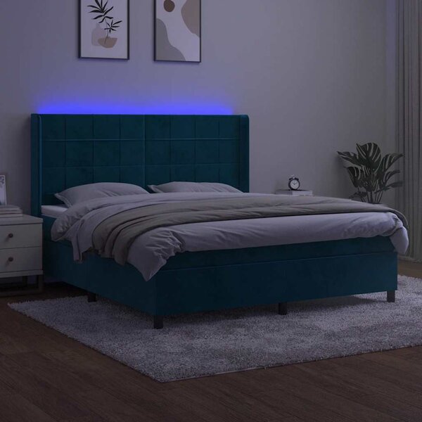 Box spring postel s matrací a LED tmavě modrá 160x200 cm samet 3139575
