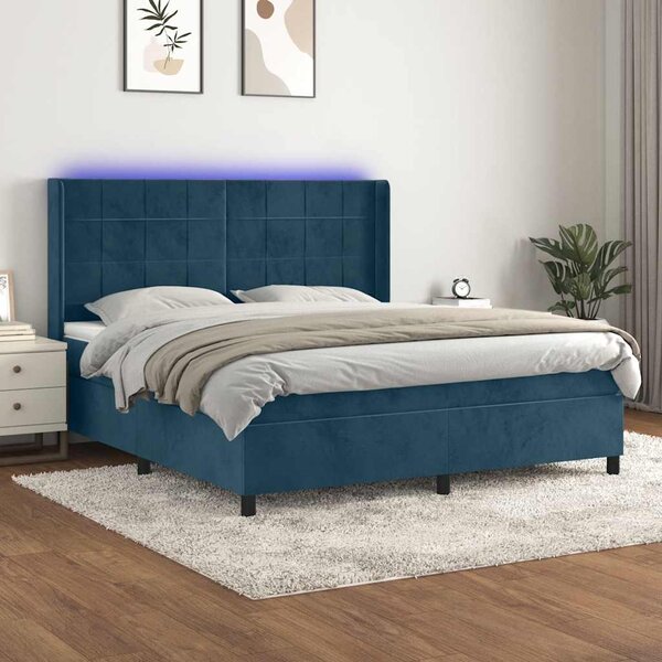 Box spring postel s matrací a LED tmavě modrá 160x200 cm samet 3139575