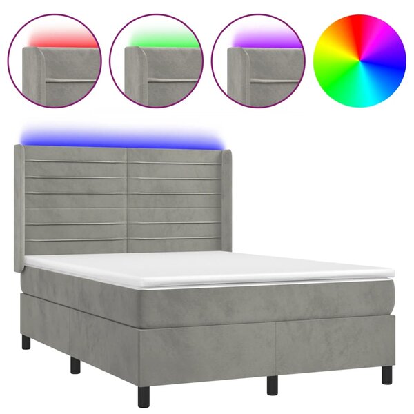 Box spring postel s matrací a LED světle šedá 140x190 cm samet 3139619