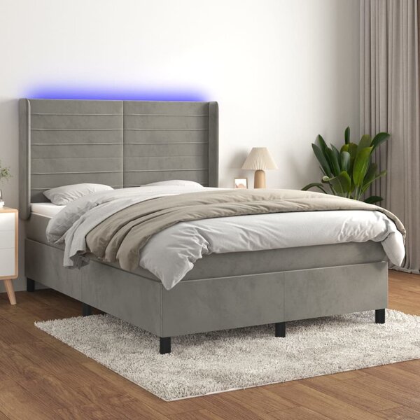 Box spring postel s matrací a LED světle šedá 140x190 cm samet 3139619