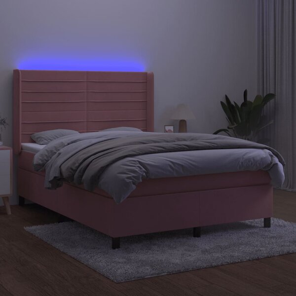 Box spring postel s matrací a LED růžová 140x190 cm samet 3139624