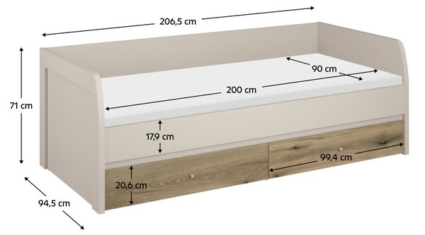 Jednolůžková postel 90 cm Kuerten 1 (kašmír + dub evoke) (s roštem) (s úl. prostorem)