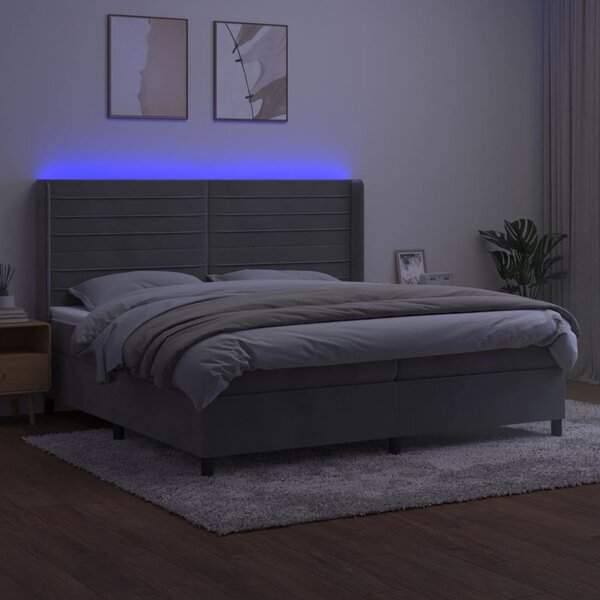 Box spring postel s matrací a LED světle šedá 200x200 cm samet 3139643