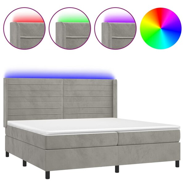 Box spring postel s matrací a LED světle šedá 200x200 cm samet 3139643