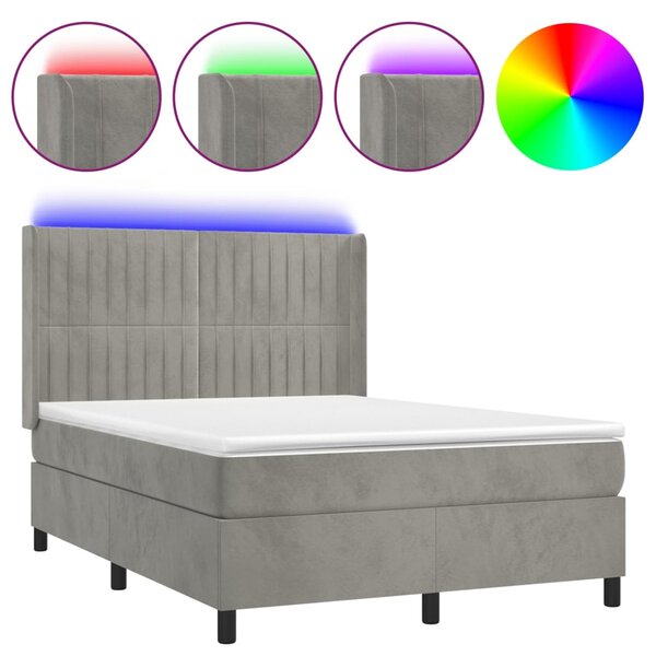 Box spring postel s matrací a LED světle šedá 140x190 cm samet 3139679