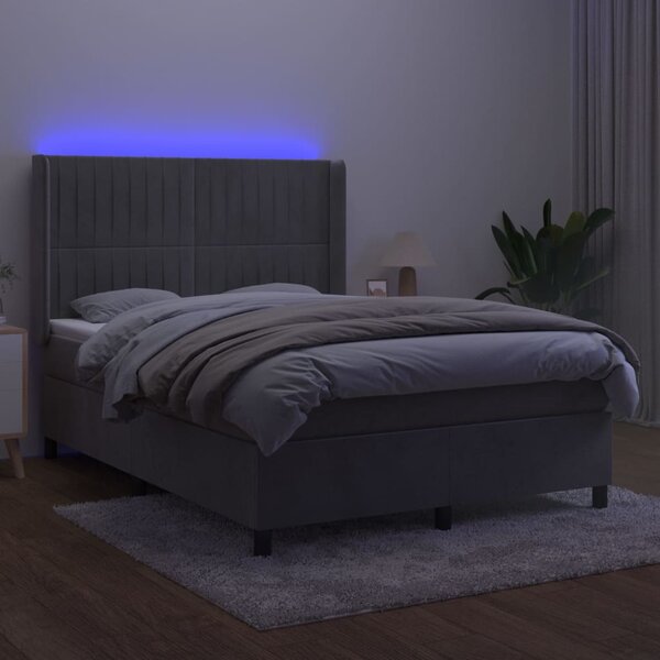Box spring postel s matrací a LED světle šedá 140x190 cm samet 3139679
