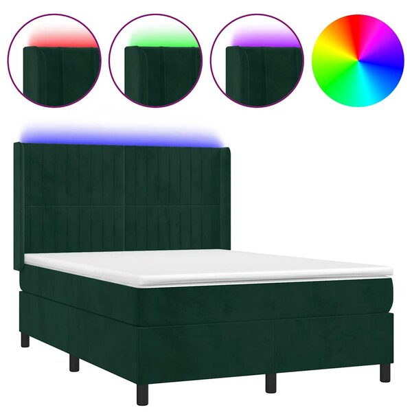 Box spring postel s matrací a LED tmavě zelená 140x190 cm samet 3139682