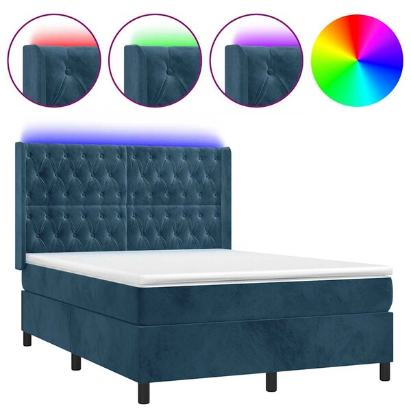 Box spring postel s matrací a LED tmavě modrá 140x190 cm samet 3139743
