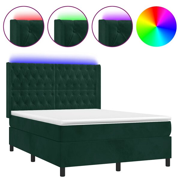 Box spring postel s matrací a LED tmavě zelená 140x190 cm samet 3139742