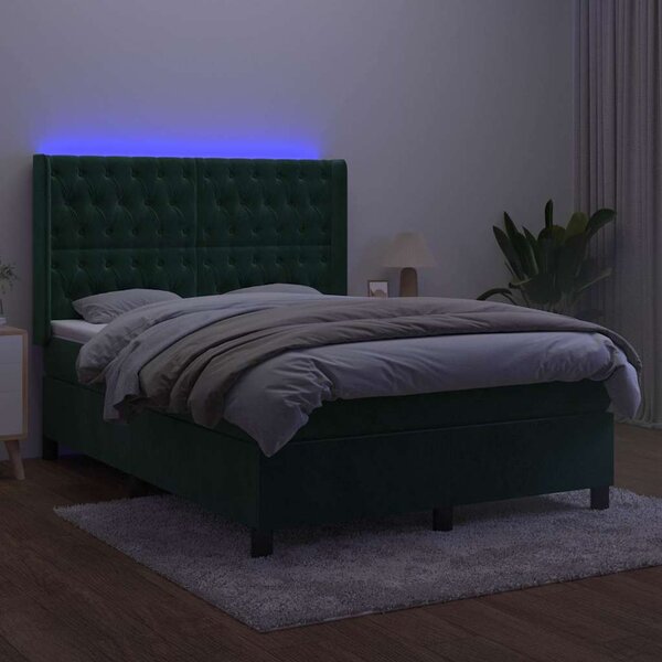 Box spring postel s matrací a LED tmavě zelená 140x190 cm samet 3139742