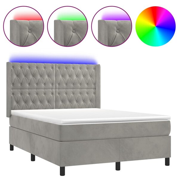 Box spring postel s matrací a LED světle šedá 140x190 cm samet 3139739