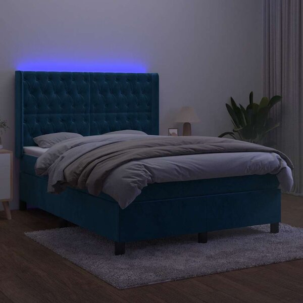 Box spring postel s matrací a LED tmavě modrá 140x190 cm samet 3139743