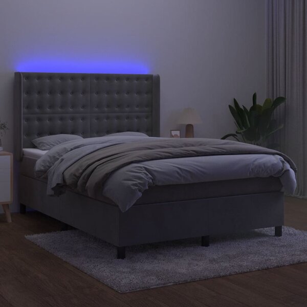 Box spring postel s matrací a LED světle šedá 140x190 cm samet 3139799